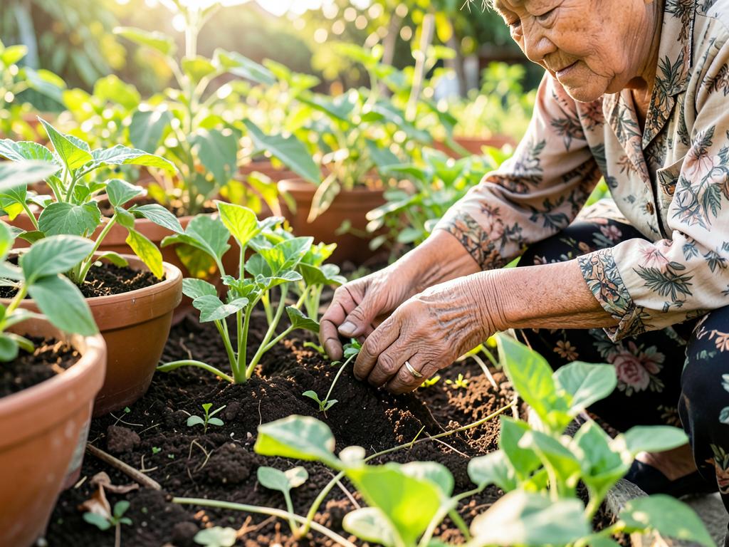 Bàn tay cụ bà vun đất trồng rau trong vườn buổi sáng